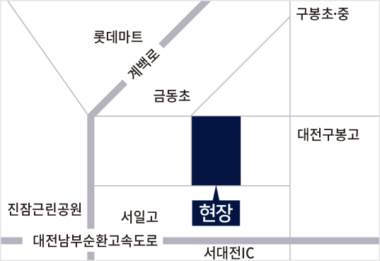 더샵 관저아르테 현장(사업지) 위치 약도 — 대전광역시 서구 관저동 1988번지. 롯데마트·금동초·구봉초·중·대전구봉고·진잠근린공원·서일고·서대전IC·계백로·대전남부순환고속도로 인접 안내